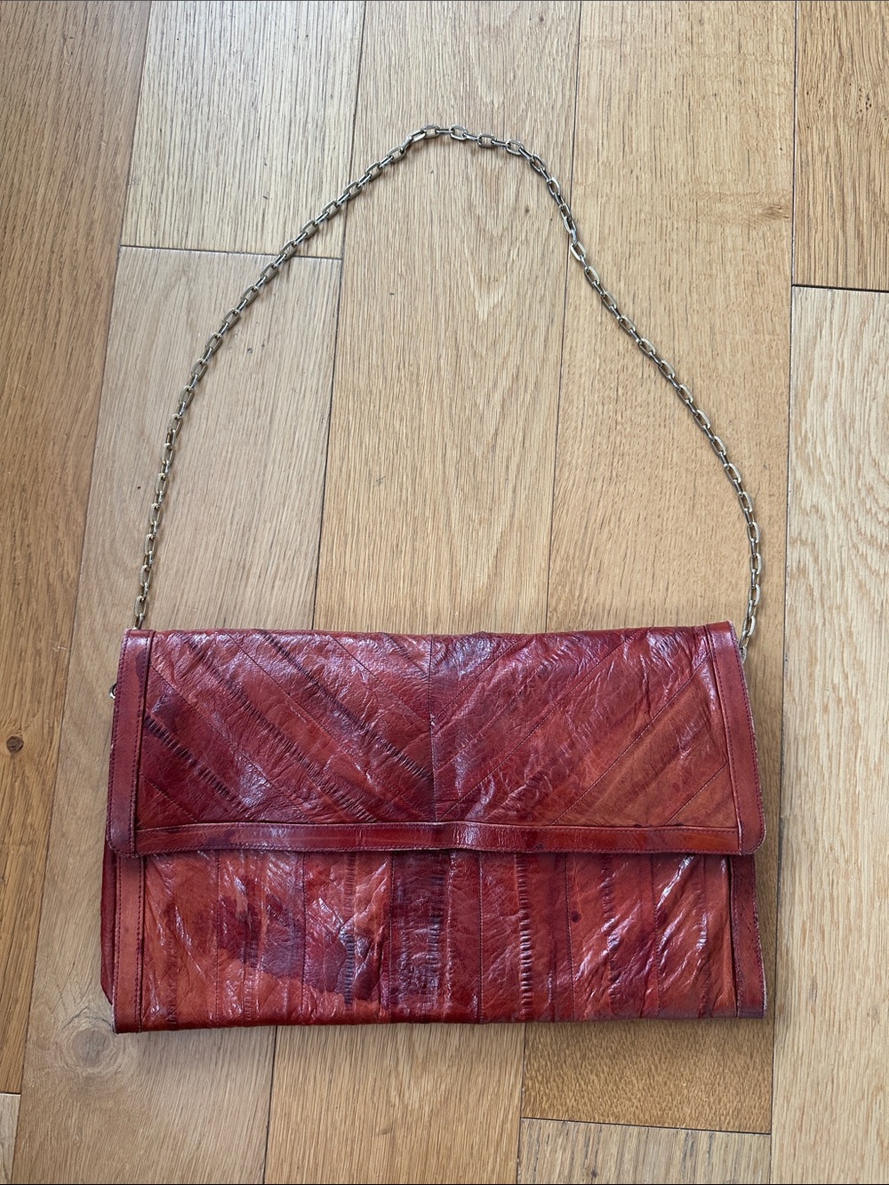 Red Leather Flap Shoulder Bag with Chain Strap